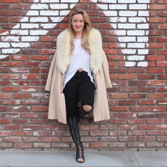 Vintage S/M full length fur coat wool fox collar camel blonde jacket winter real - Picture 1 of 13